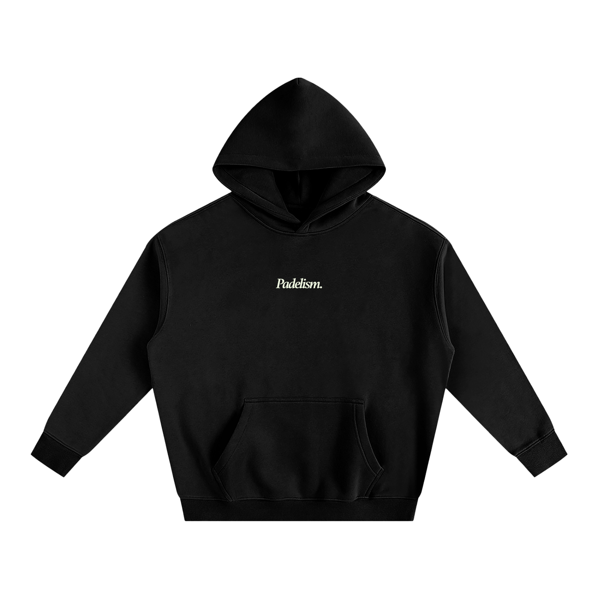 Black box hoodie with hood, front kangaroo pocket, and small chest logo.