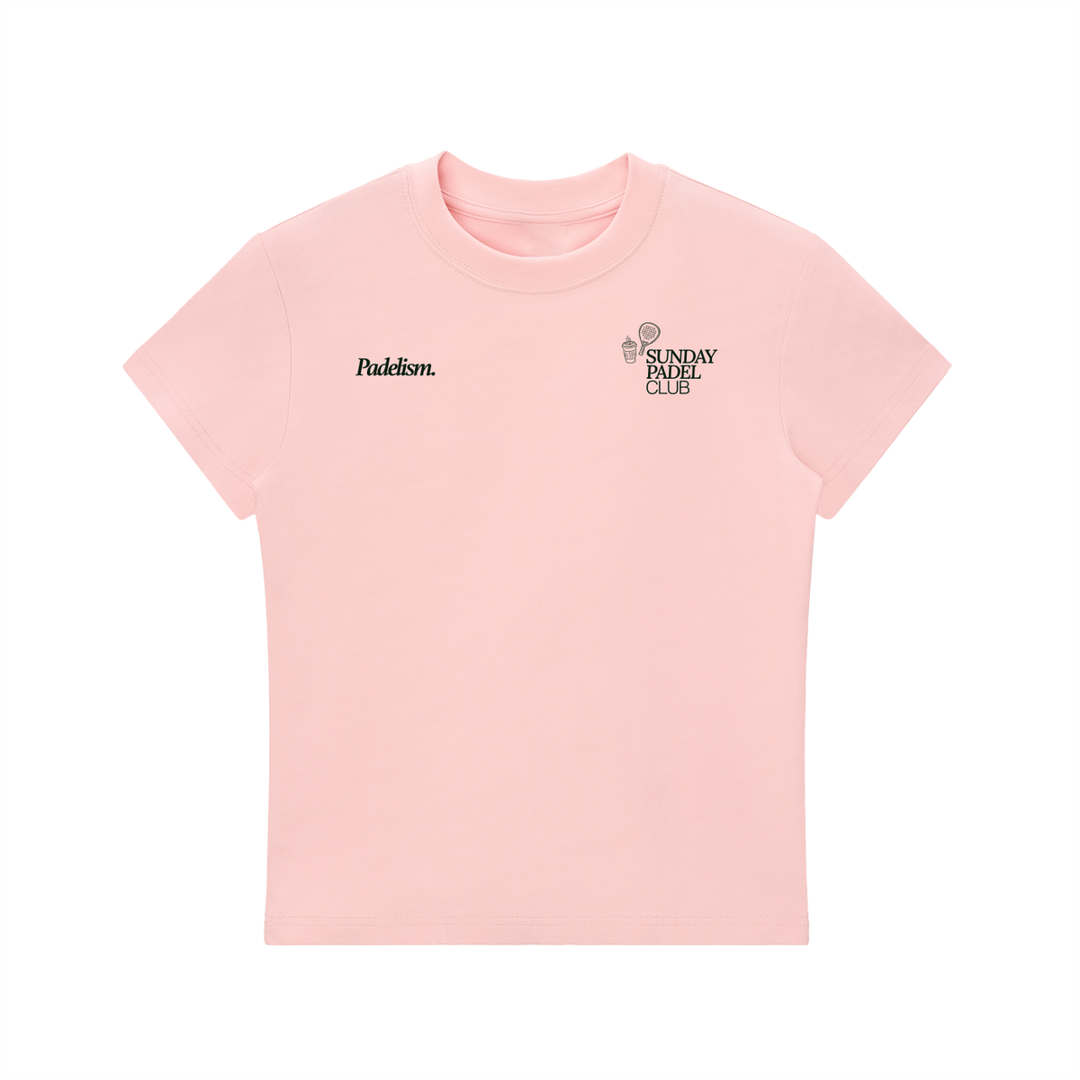 Pink crewneck T-shirt with front Padleism and Sunday Padel Club logos