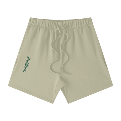Pale olive off-court shorts with elastic waistband, drawstring, and side logo patch