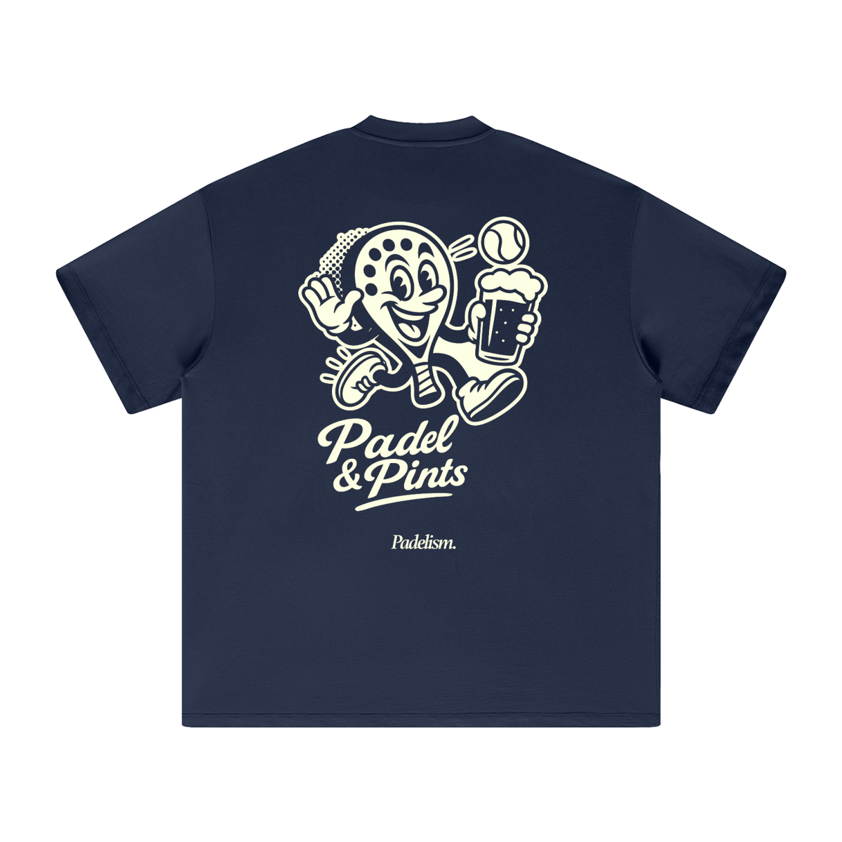 Navy heavyweight t-shirt with back cartoon Padel & Pints print