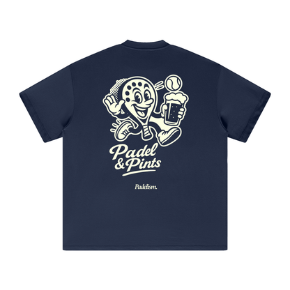 Navy heavyweight t-shirt with back cartoon Padel & Pints print