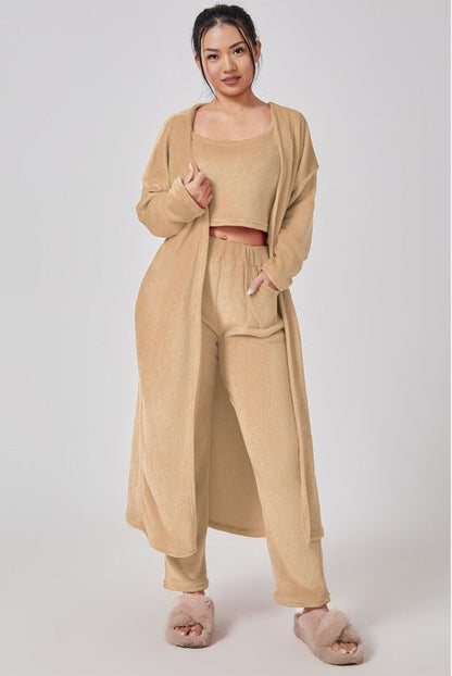 Women’s camel 3-piece lounge set with crop top, drawstring pants, long robe.