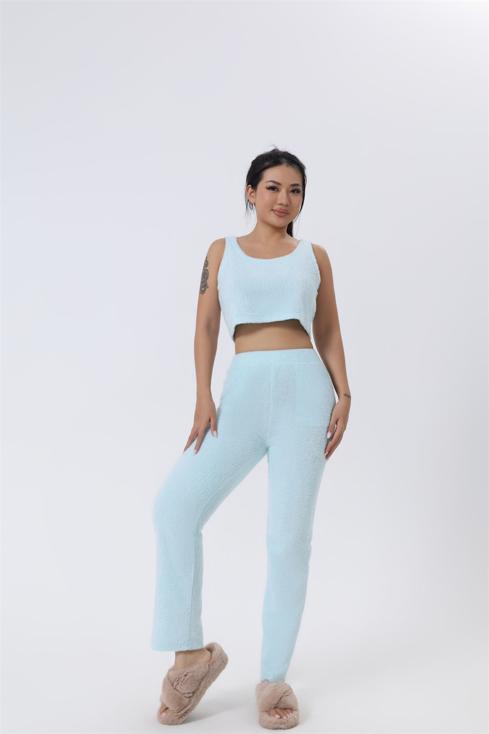 Light blue pajama set with crop tank and matching lounge pants
