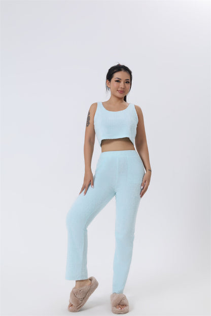 Light blue pajama set with crop tank and matching lounge pants