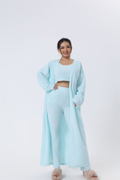 Women’s light blue 3-piece lounge set with crop top, drawstring pants, long robe.