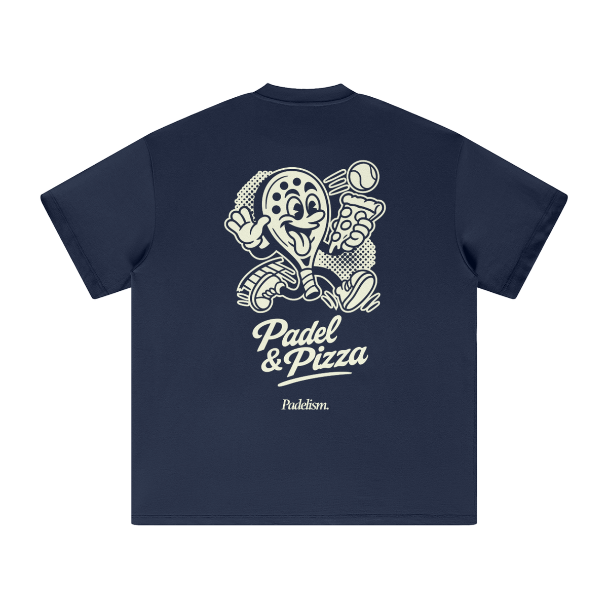 Navy heavyweight T-shirt with 'Padel & Pizza' back graphic and 'Padelsim' text