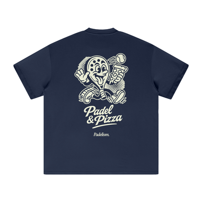 Navy heavyweight T-shirt with 'Padel & Pizza' back graphic and 'Padelsim' text