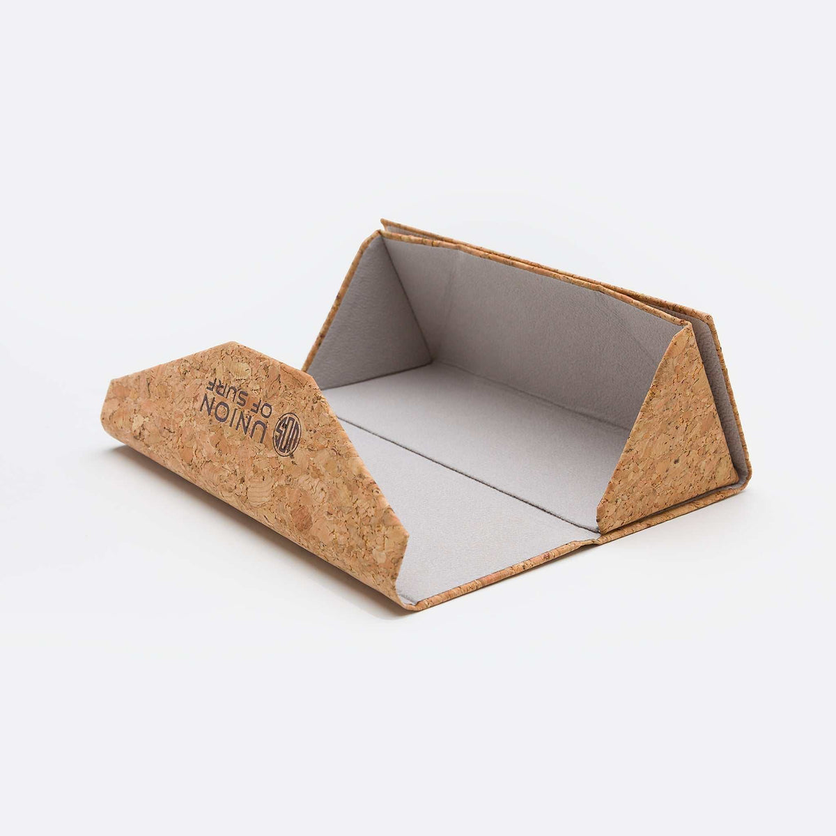 Open cork sunglasses case with logo and protective interior