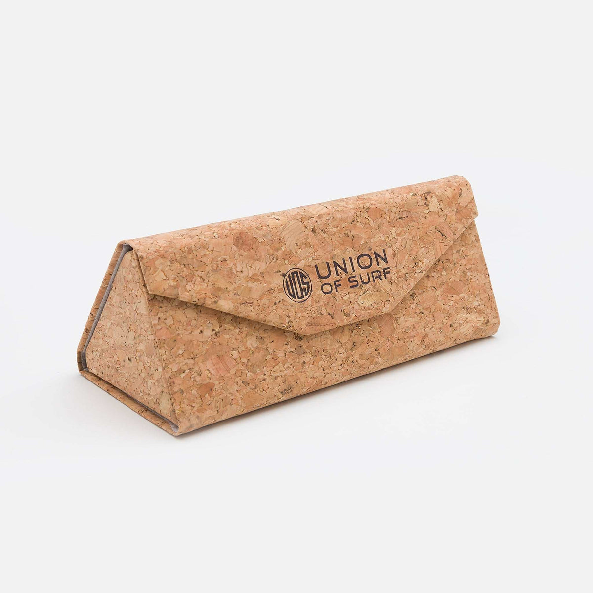 Cork sunglasses case with flap and Union of Surf logo