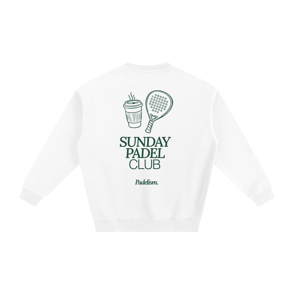 White heavyweight padel sweatshirt with back "SUNDAY PADEL CLUB" graphic and 3/4 sleeves