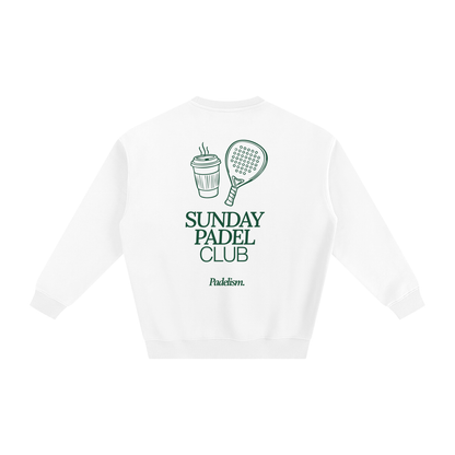 White heavyweight padel sweatshirt with back "SUNDAY PADEL CLUB" graphic and 3/4 sleeves