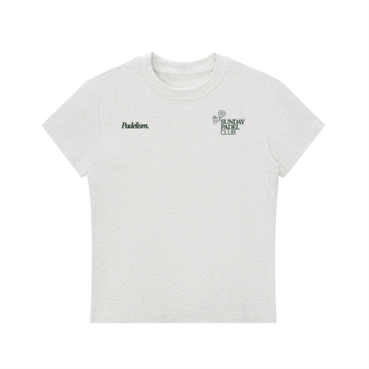 Light gray crewneck T-shirt with front Padleism and Sunday Padel Club logos