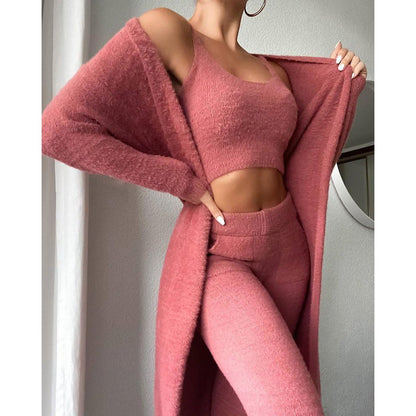 Women’s pink 3-piece lounge set: crop top, drawstring pants, long robe cardigan.