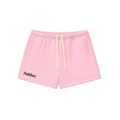 Pink core shorts with elastic waistband and drawstring, side logo