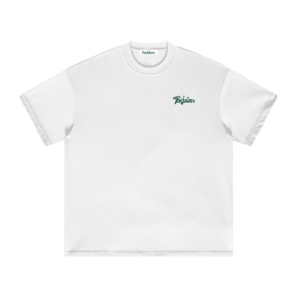 White heavyweight T-shirt, small green logo on right chest