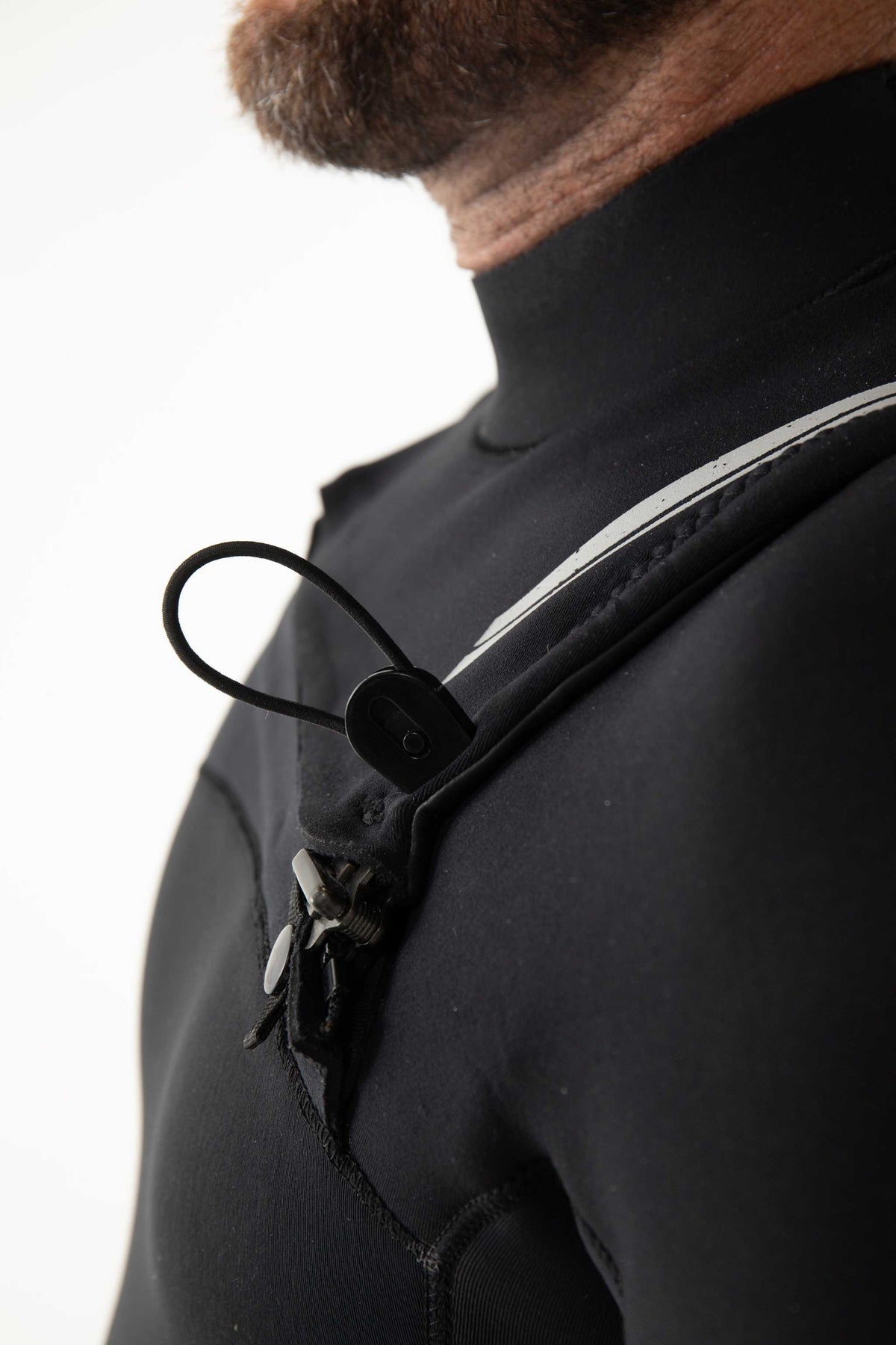 Black chest-zip wetsuit steamer collar with zipper pull and seam detail