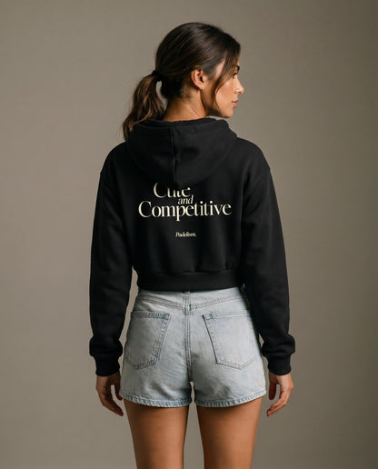 Black cropped hoodie with hood and large back logo text.