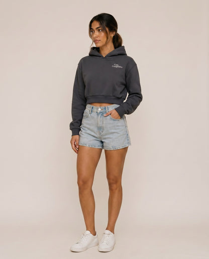 Charcoal gray cropped hoodie with hood, kangaroo pocket, and small chest logo.