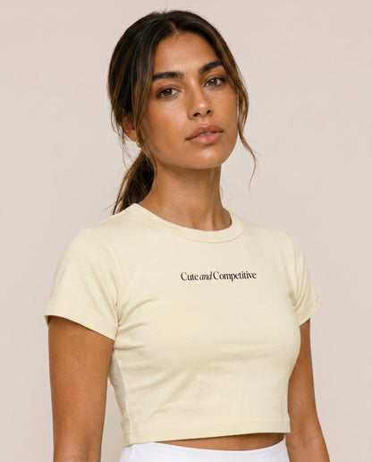 White cropped T-shirt, crew neck, chest logo text