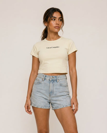 Cream cropped T-shirt with crew neck and chest logo