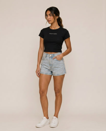 Black cropped T-shirt with small chest logo text