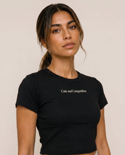 Black cropped T-shirt, crew neck, chest logo text