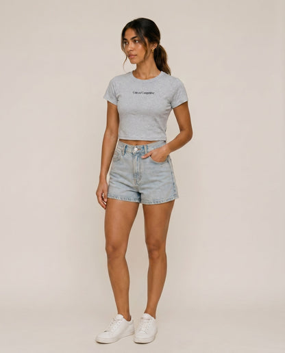 Light gray cropped T-shirt with chest logo text