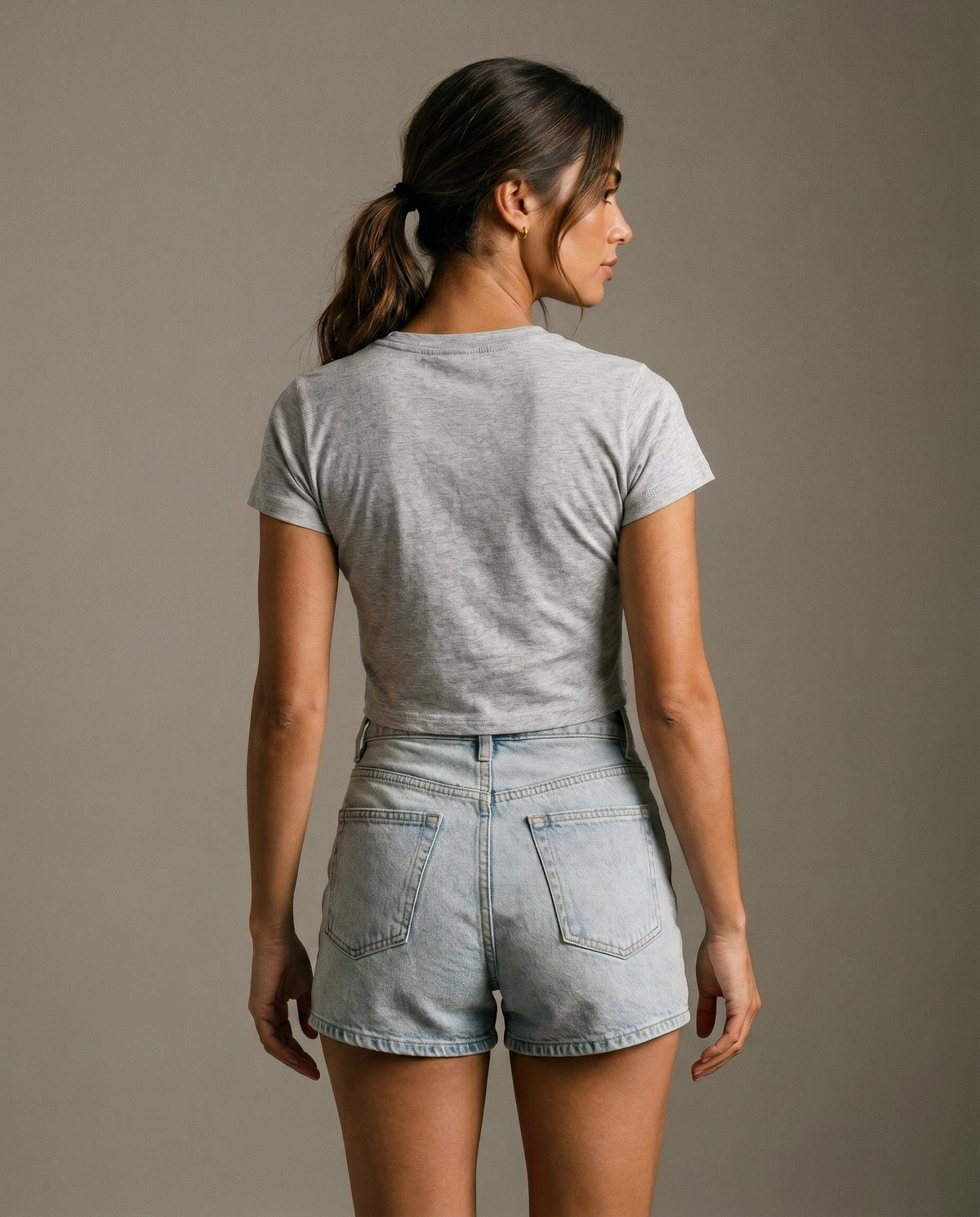Cropped gray T-shirt with crew neck, short sleeves; back view with no visible print
