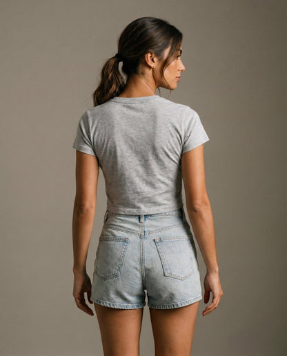 Cropped gray T-shirt with crew neck, short sleeves; back view with no visible print