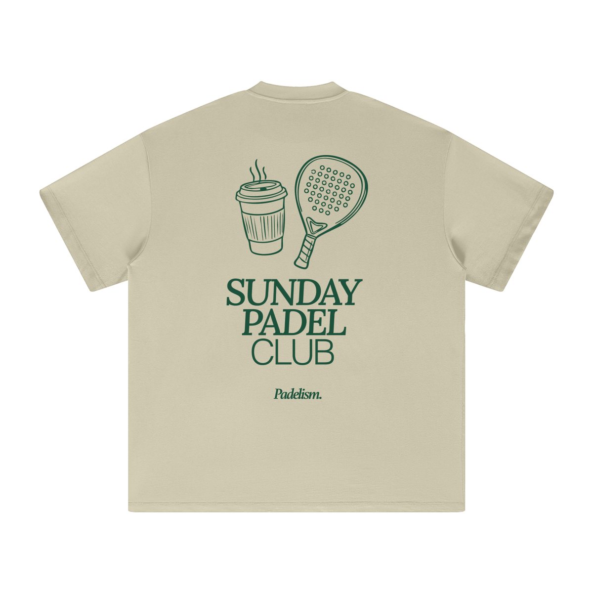 Heavyweight beige t-shirt, crew neck, large back “Sunday Padel Club” graphic