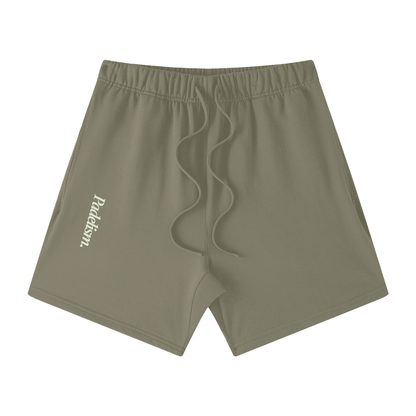 Dark olive off-court shorts with elastic waistband, drawstring, and side logo patch