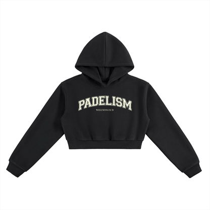 Black cropped pullover hoodie with hood and front logo print