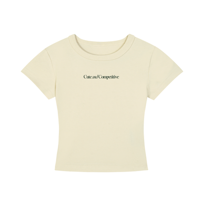 Light cream cropped crewneck T-shirt with small front chest text logo