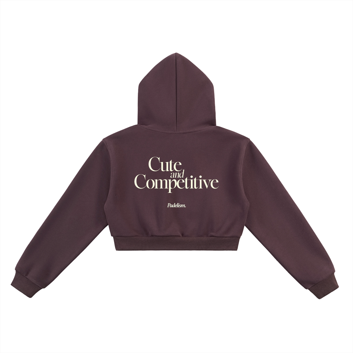 Cropped maroon hoodie back view with hood and large "Cute and Competitive" text