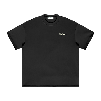 Black heavyweight T-shirt with small chest script logo