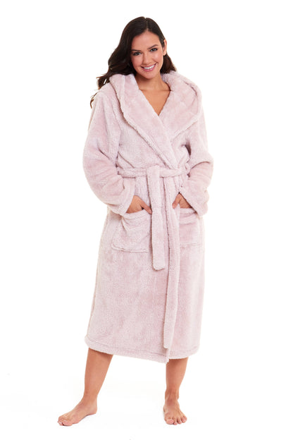 Pink hooded fleece robe with belt tie and long sleeves, front view