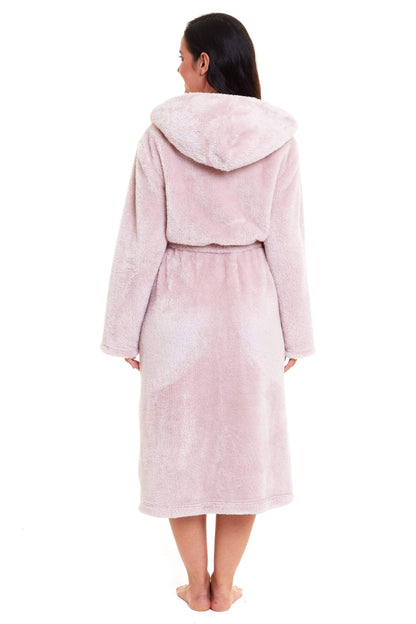 Pink hooded fleece robe, back view with belt tie and long sleeves