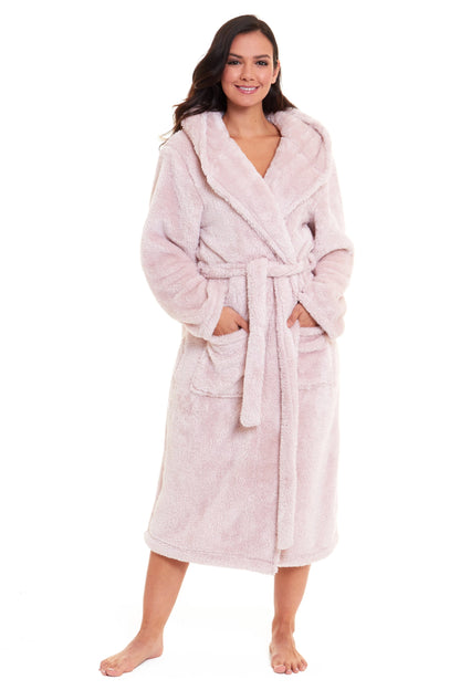 Pink hooded robe with belt tie and plush fabric, three-quarter view