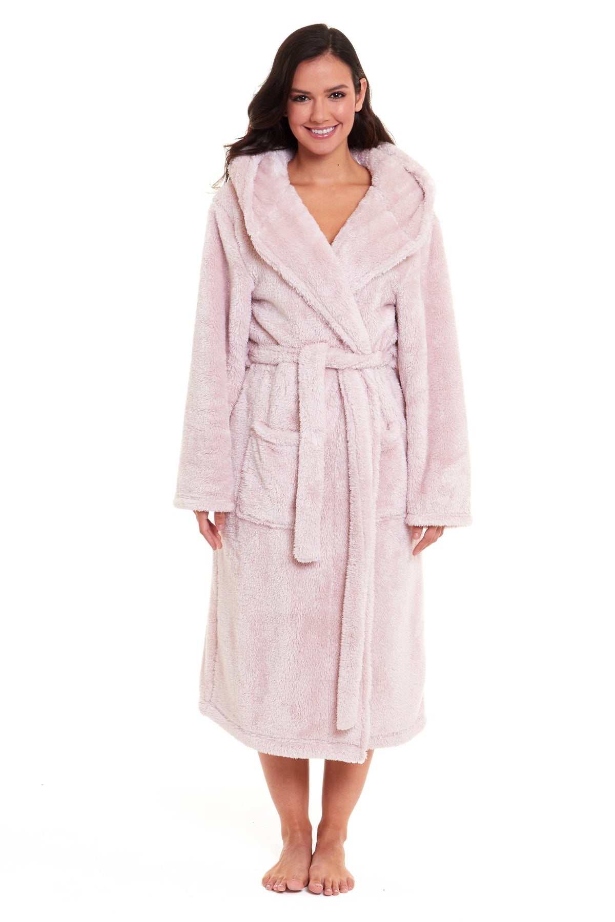 Pink hooded robe with belt tie, wrap front, and plush textured fabric