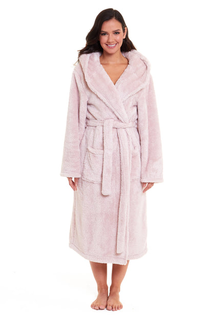 Pink hooded robe with belt tie, wrap front, and plush textured fabric