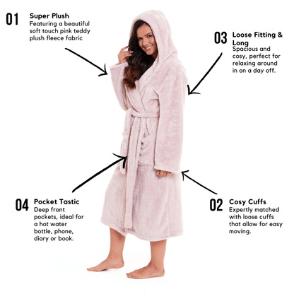 Pink hooded plush fleece robe with belt tie and long sleeves on model