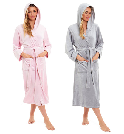 Pink hooded velour bathrobe with waist tie and patch pockets