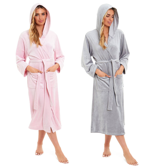 Pink hooded velour bathrobe with waist tie and patch pockets