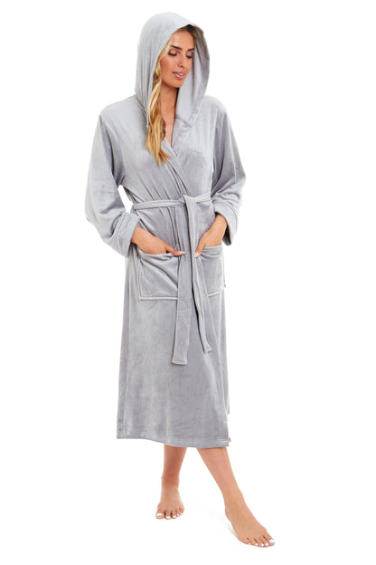 Grey hooded velour bathrobe with waist tie belt and patch pockets