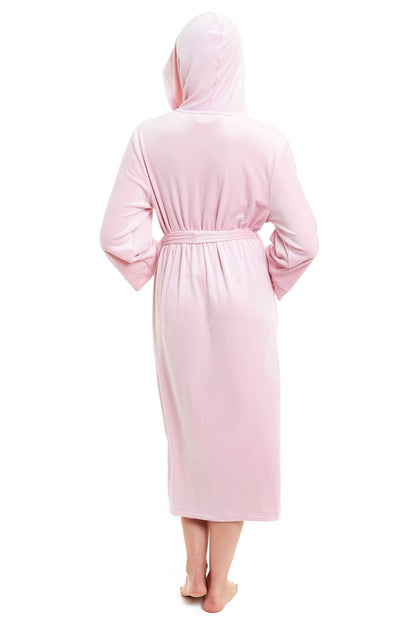 Pink hooded bathrobe, back view with waist tie and relaxed long sleeves