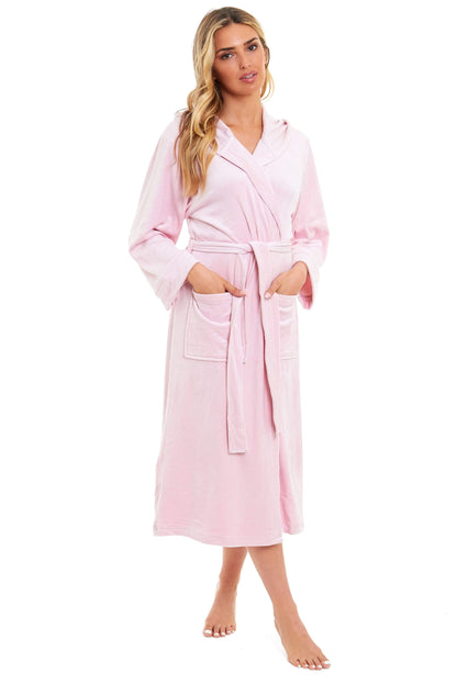 Pink hooded bathrobe with waist tie, long sleeves, and patch pockets