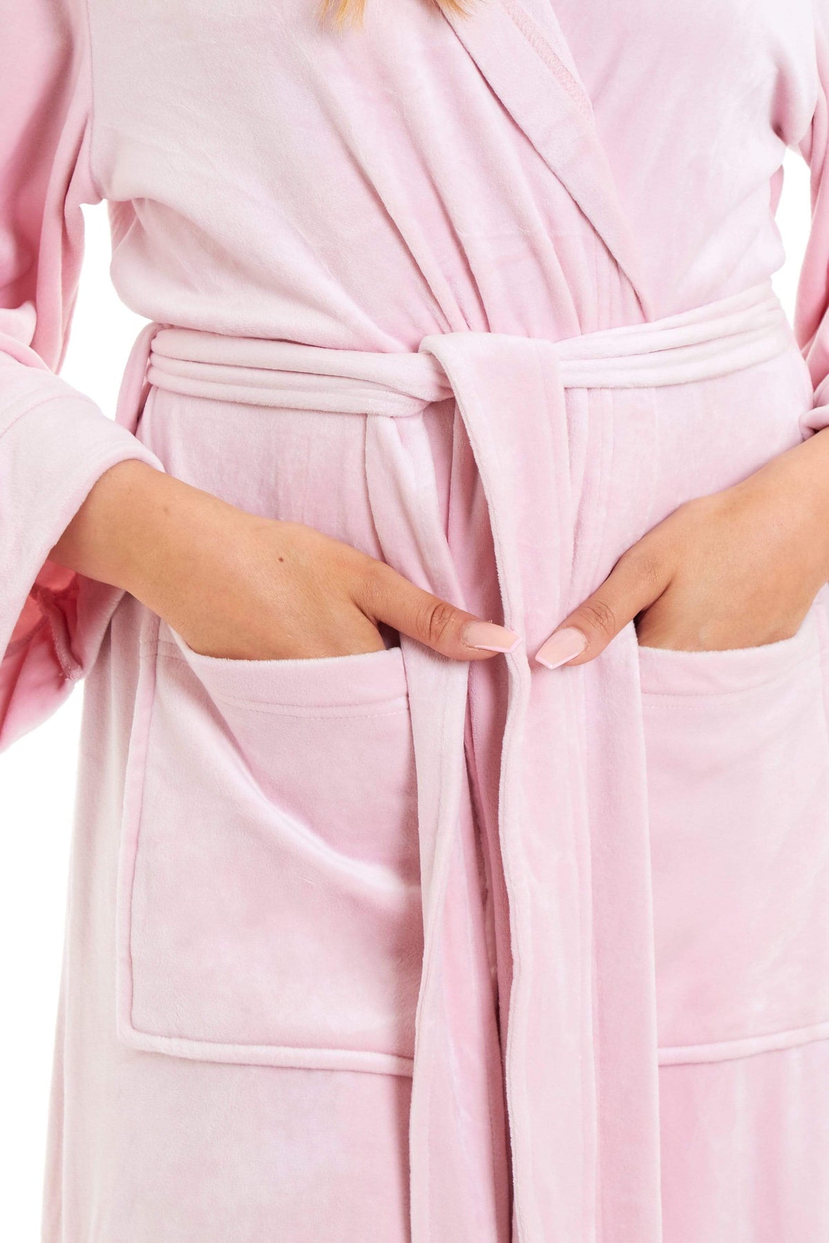 Pink velour hooded bathrobe with tie belt and front patch pockets
