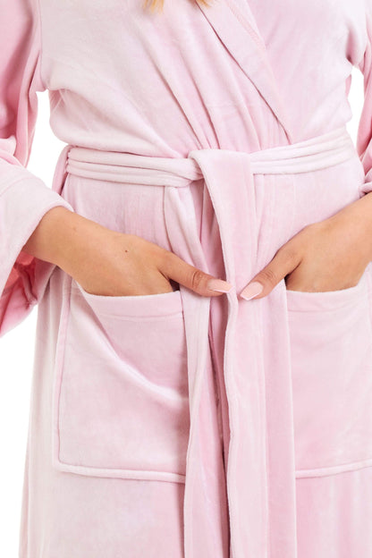 Pink velour hooded bathrobe with tie belt and front patch pockets