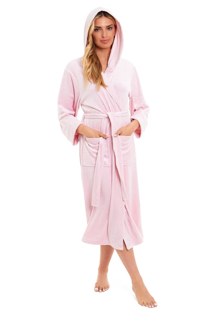 Pink hooded velour bathrobe with waist tie belt and front patch pockets
