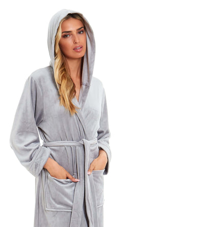 Grey hooded velour bathrobe with tie belt, patch pockets, and midi length